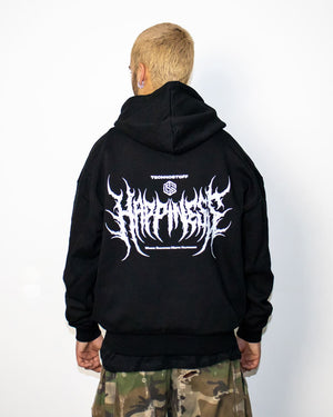 Sudadera negra oversized ultra heavy Happiness de Technostoff, llevada por un modelo masculino, fotografiada desde atrás