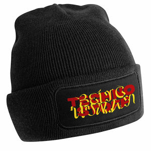 Black Technostoff Being Human Stripe beanie with red-yellow patch, flat lay