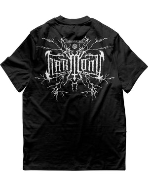Mockup du T-shirt noir Harmony de la collection techno Dark Bliss de Technostoff, vue de dos