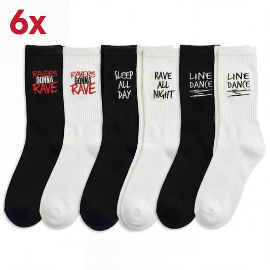 Technostoff socks bundle 6-piece set with various rave motifs in black and white