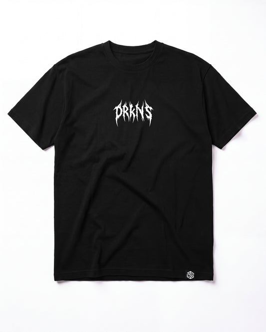 DARKNESS LTD tee in black, front view with DRKNS design and hexagon label, flat lay