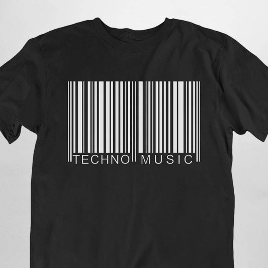 Black Technostoff Techno Code T-shirt with white barcode and TECHNO MUSIC lettering, flat lay unisex