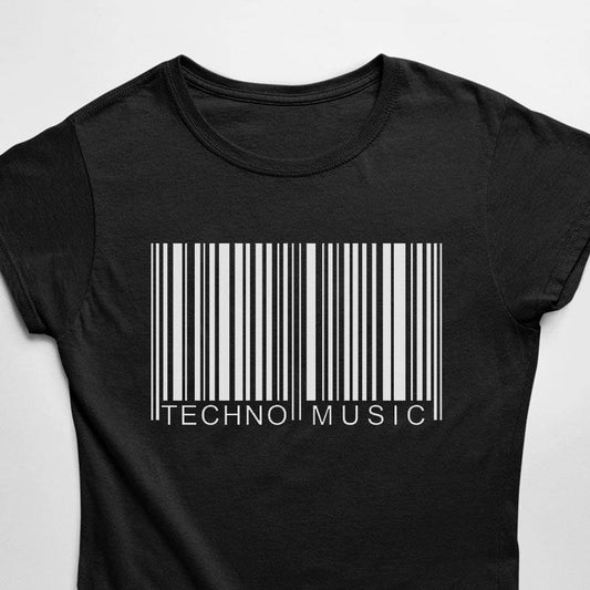 Black Technostoff Techno Code T-shirt with white barcode print and TECHNO MUSIC lettering, flat lay