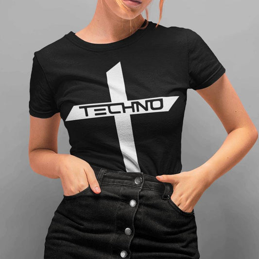 Female raver wearing the black Technostoff Techno Cross T-shirt with white cross print