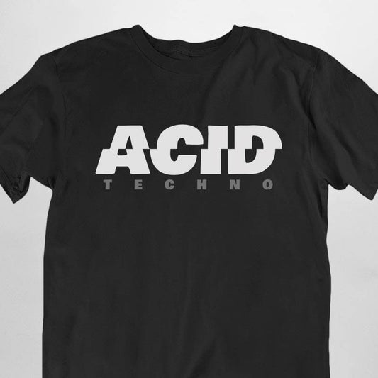 Schwarzes Technostoff Acid Techno T-Shirt im Regular Fit mit weißem Print, Flat-Lay