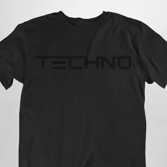 Schwarzes Technostoff All Black Techno T-Shirt im Regular Fit mit dezent glänzendem Print, Flat-Lay