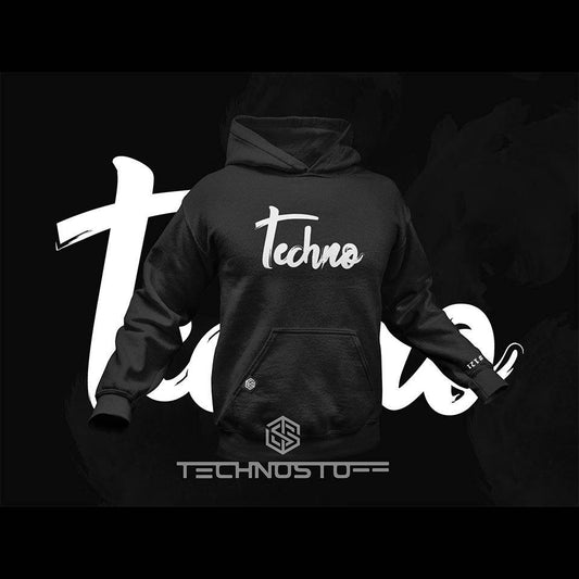 Black Technostoff Calligraphic Techno hoodie with white lettering, back view