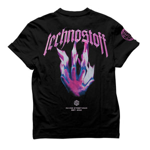 T-shirt nera Technostoff Firehand regular retro con mano in fiamme e scritta rosa