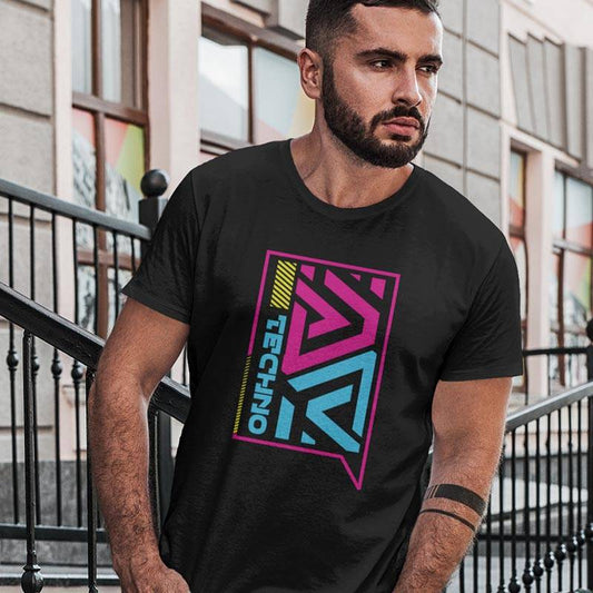 Raver wearing black Technostoff Flashback T-shirt with colourful geometric techno design