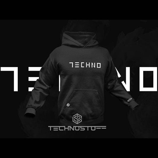 Black Technostoff Minimalistic Techno hoodie, front view