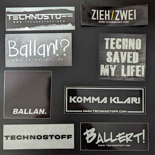 Technostoff techno and rave sticker pack with 8 different stickers like Ballert, Komma Klar, Zieh Zwei