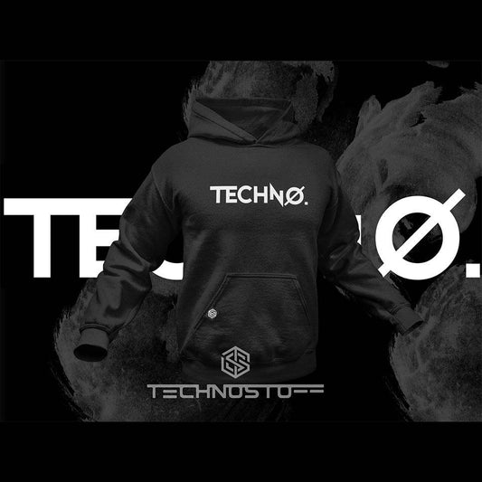 Black Technostoff New Techno hoodie from the back with white TECHNO print, against dark promo background