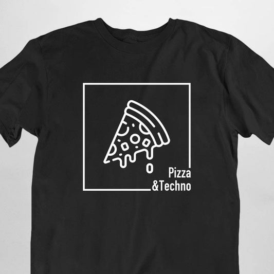 Black Technostoff Pizza & Techno T-shirt for men with white pizza slice print, flat lay
