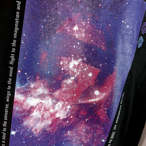 Technostoff Rave All Night T-shirt, detail view of the galaxy nebula print in pink and blue