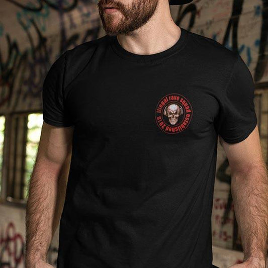Schwarzes Technostoff Illegal Rave Squad T-Shirt, Frontansicht