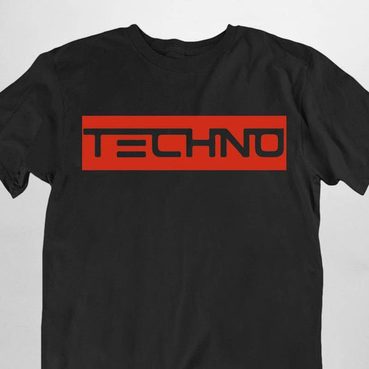 Black Technostoff Red Techno Stripe T-shirt unisex with red bar print, flat lay