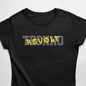 Black Technostoff Techno Revolt T-shirt with yellow REVOLT over grey TECHNO print, flat lay