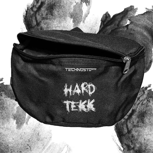 Black Technostoff Scratched Hardtekk fanny pack with white print, closed