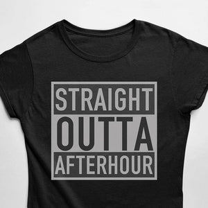 Female raver wearing black Technostoff Straight Outta Afterhour T-shirt, front view