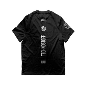 Schwarzes Technostoff Stripe Oversized T-Shirt, Rueckansicht Flatlay