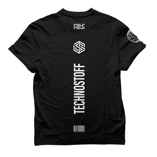 Schwarzes Technostoff Stripe Regular T-Shirt, Rueckansicht Flatlay