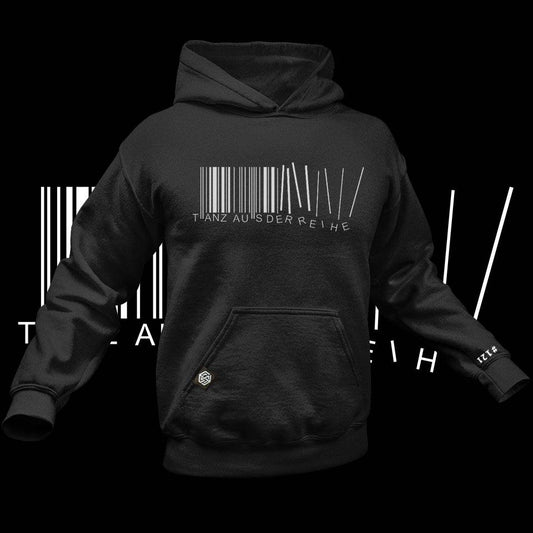 Schwarzer Technostoff Tanz aus der Reihe Hoodie mit Barcode-Print, Produktbild
