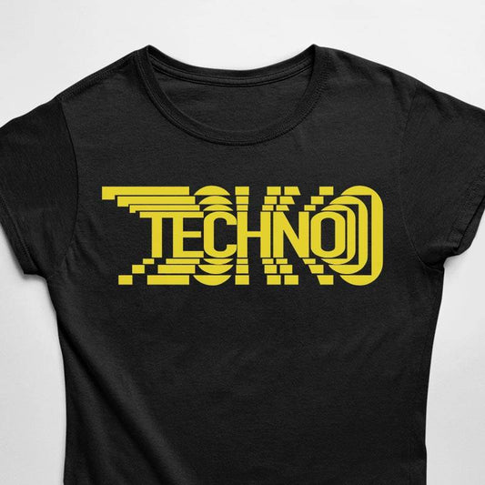 Black Technostoff Techno Complex T-shirt with yellow distorted TECHNO lettering, flat lay