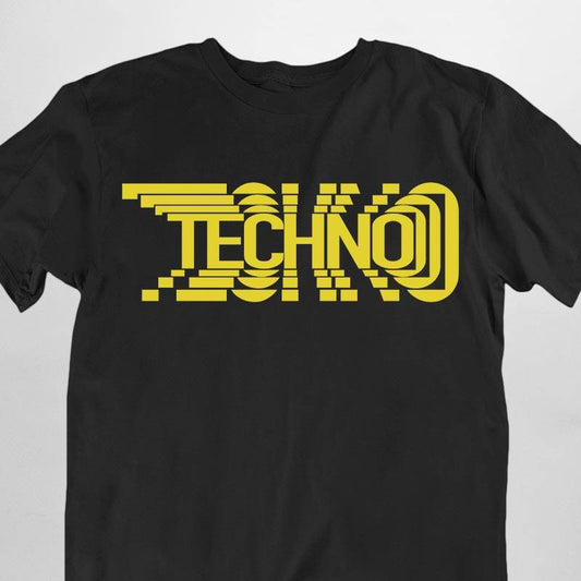 Black Technostoff Techno Complex T-shirt with yellow distorted TECHNO lettering, flat lay unisex