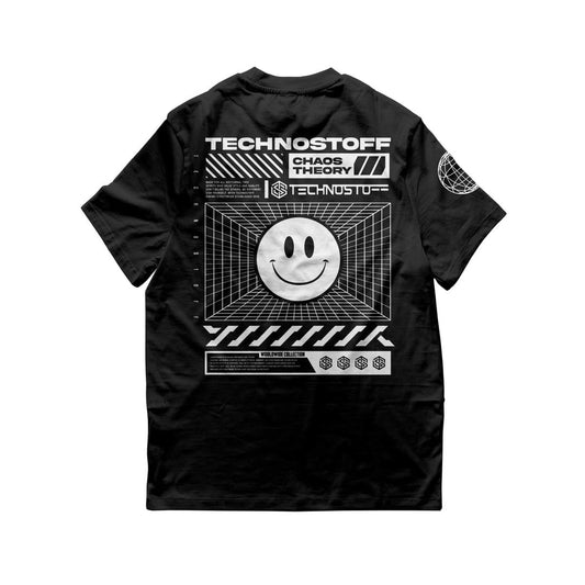 Schwarzes Technostoff Virtual Rave T-Shirt Oversized, Rückseite mit Smiley und Chaos Theory Grafik
