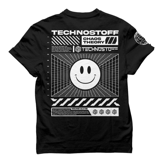 Schwarzes Technostoff Virtual Rave T-Shirt Rückseite mit Smiley, Chaos Theory Grafik und Globus-Print