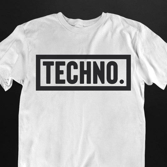 Weißes Technostoff Techno Dot T-Shirt mit TECHNO. Schriftzug in schwarzem Rahmen für Raver